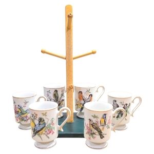 Set of 6 Bird Print Mugs with Stand